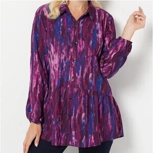 LOGO by Lori Goldstein crepe stretch woven plum watercolor button blouse XS